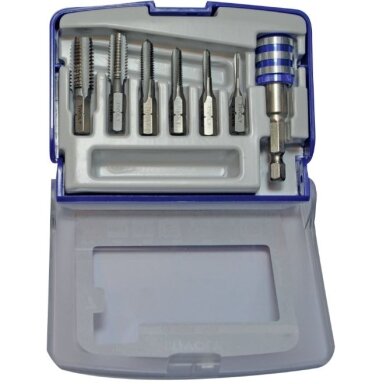 1/4" šešiabriaunis HSS mašininių grąžtų rinkinys 7vnt ØM3-10mm + antgalių laikiklis "Half-box" 1/4" šešiabriaunis HSS mašininių grąžtų rinkinys 7vnt ØM3-10mm + antgalių laikiklis "Half-box"