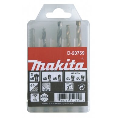 1/4" Grąžtų komplektas. (Medžiui 5,6 ; Metalui 5,6,8) Makita D-23759 1/4" Grąžtų komplektas. (Medžiui 5,6 ; Metalui 5,6,8) Makita D-23759