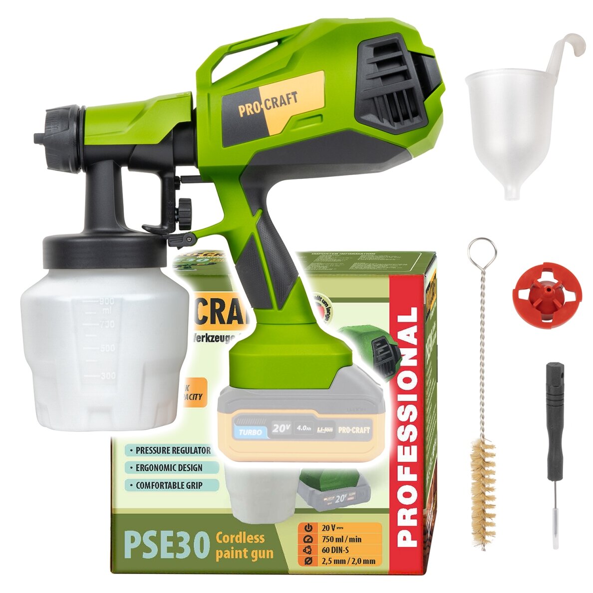 Akumuliatorinis dažų pistoletas „ProCraft PSE30bb” Akumuliatorinis dažų pistoletas „ProCraft PSE30bb”
