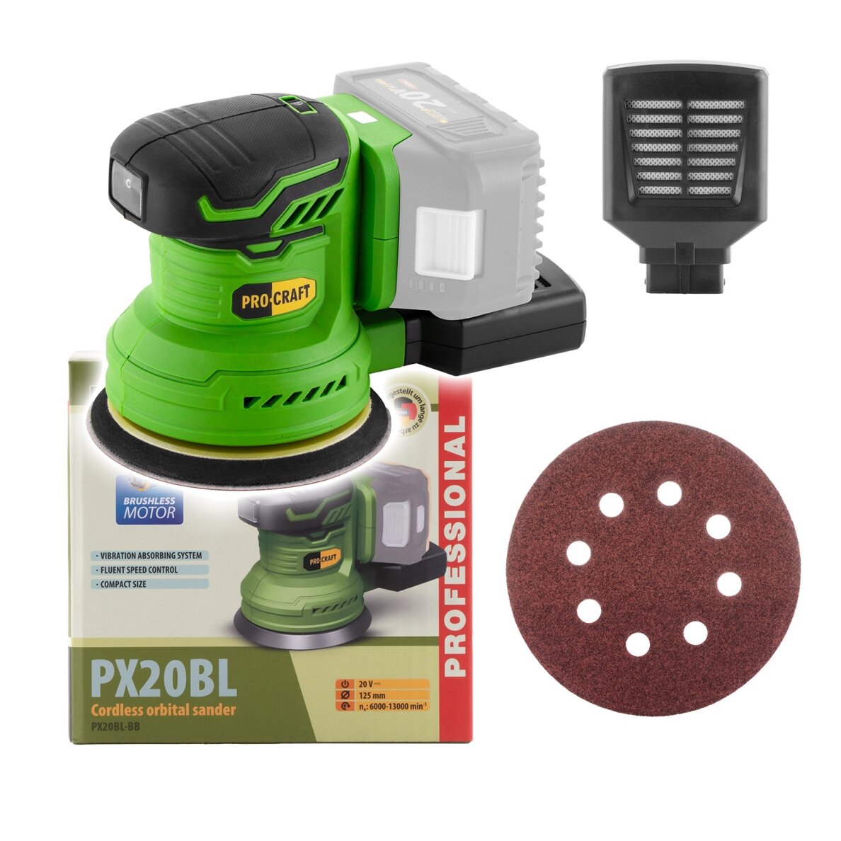 Akumuliatorinis ekscentrinis šlifuoklis „ProCraft PX20BL” Akumuliatorinis ekscentrinis šlifuoklis „ProCraft PX20BL”