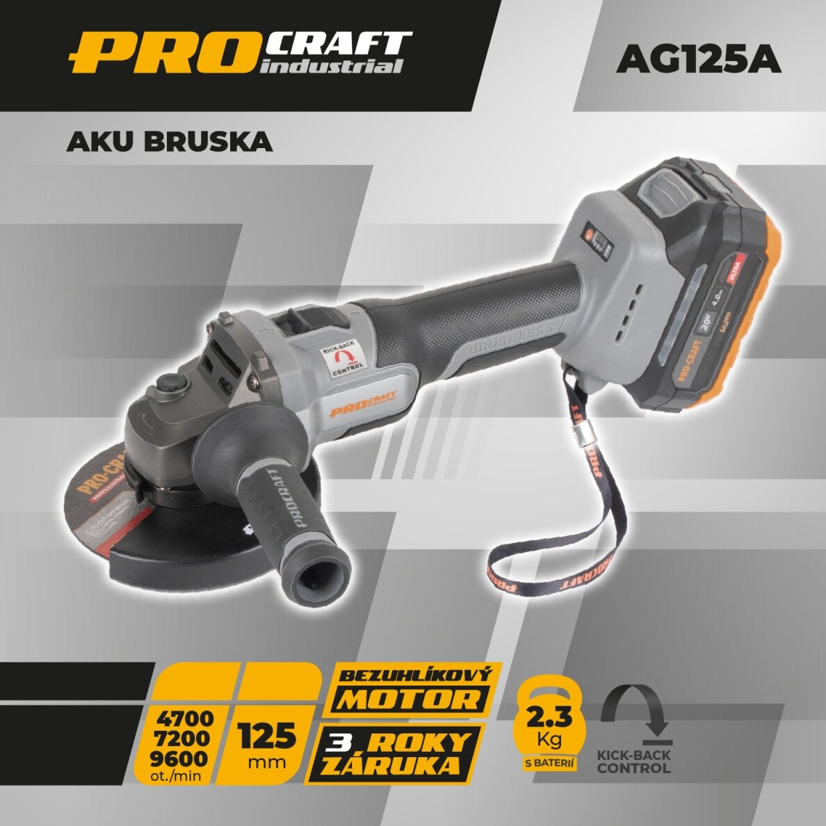 Akumuliatorinis kampinis šlifuoklis „ProCraft Industrial AG125A-1B-F” 2