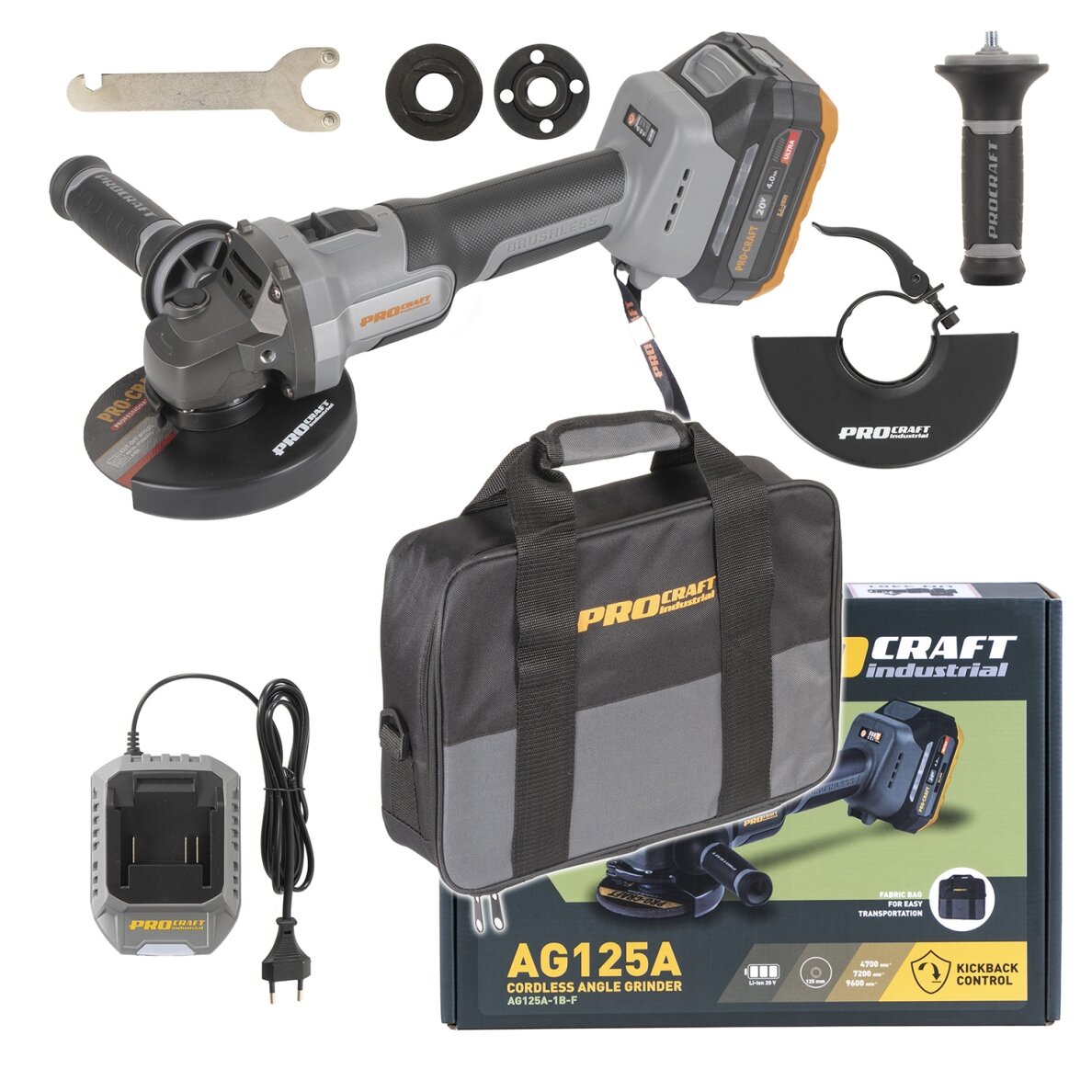 Akumuliatorinis kampinis šlifuoklis „ProCraft Industrial AG125A-1B-F”