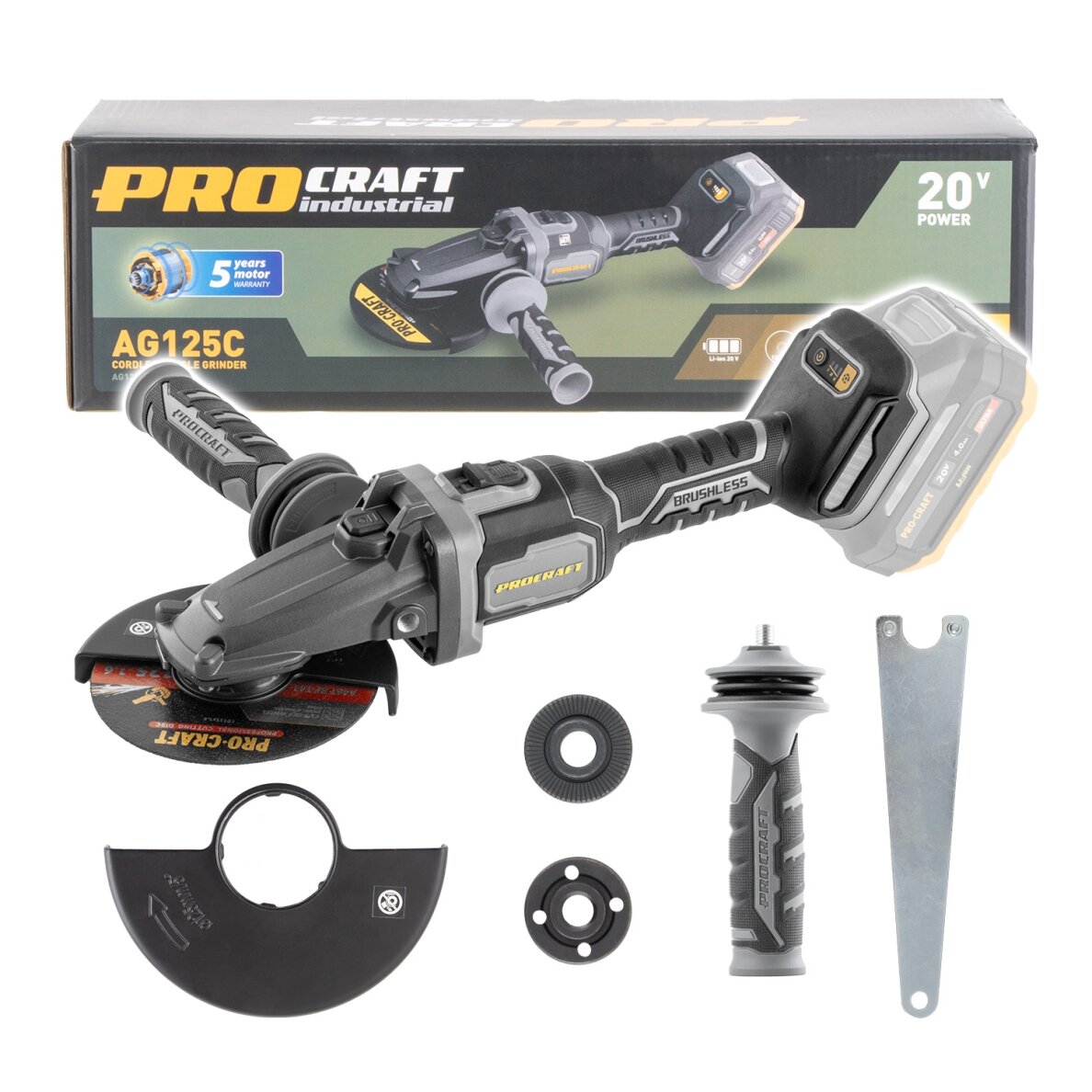 Akumuliatorinis kampinis šlifuoklis „ProCraft Industrial AG125C bb” Akumuliatorinis kampinis šlifuoklis „ProCraft Industrial AG125C bb”