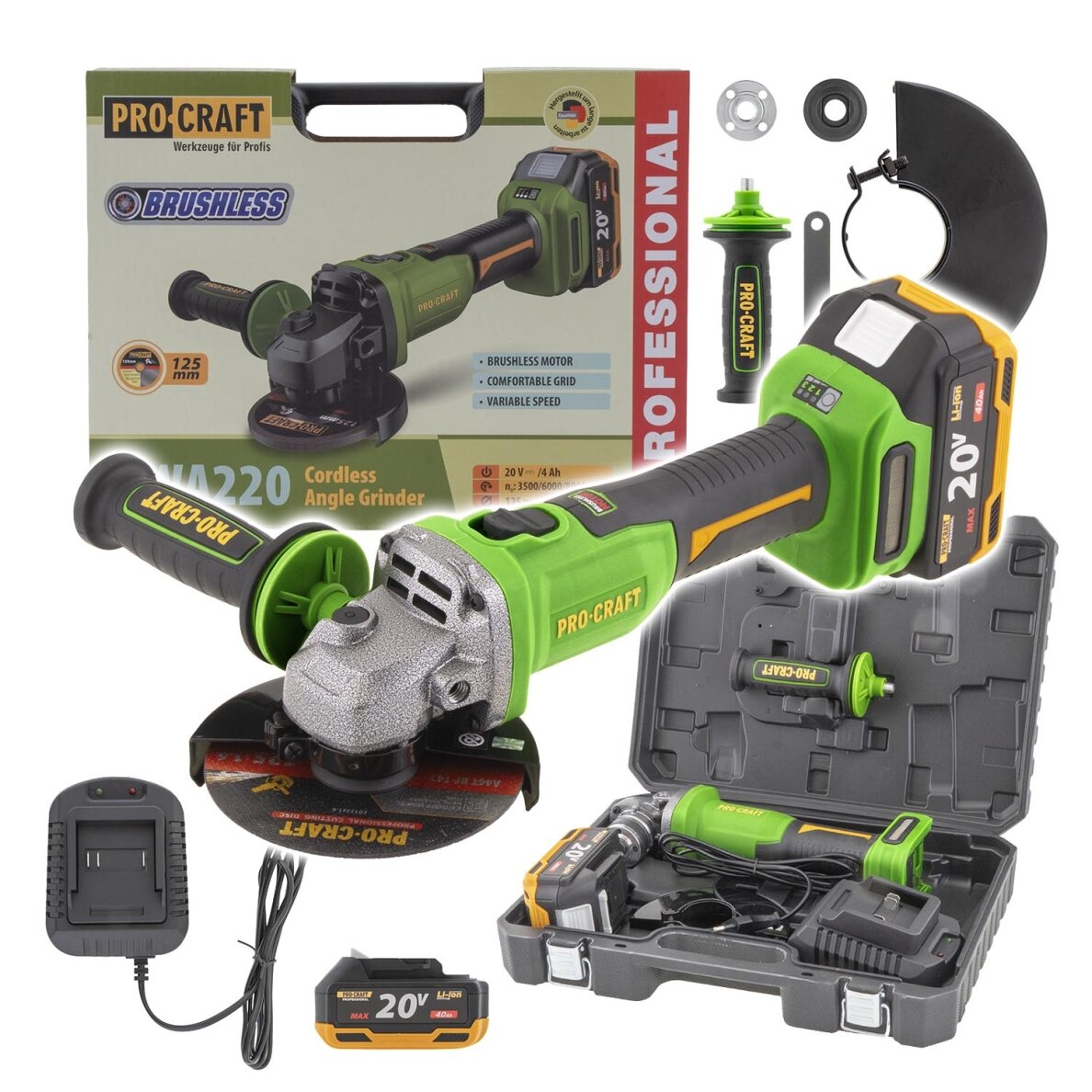 Akumuliatorinis kampinis šlifuoklis „ProCraft PWA220” Akumuliatorinis kampinis šlifuoklis „ProCraft PWA220”