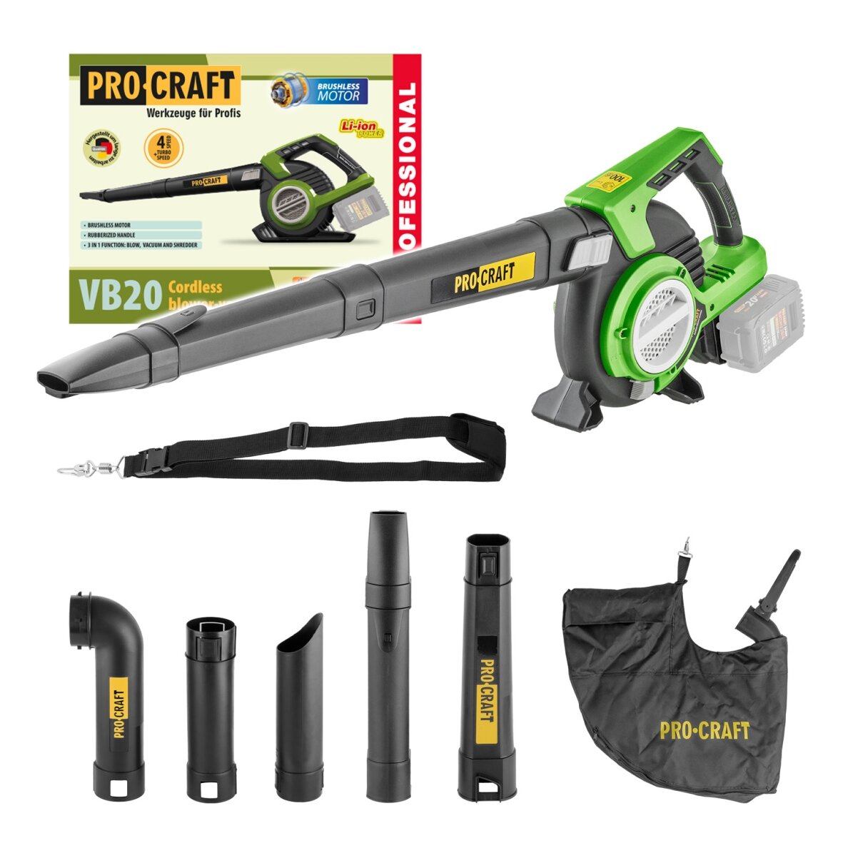 Akumuliatorinis pūstuvas/dulkių siurblys „ProCraft VB20” Akumuliatorinis pūstuvas/dulkių siurblys „ProCraft VB20”