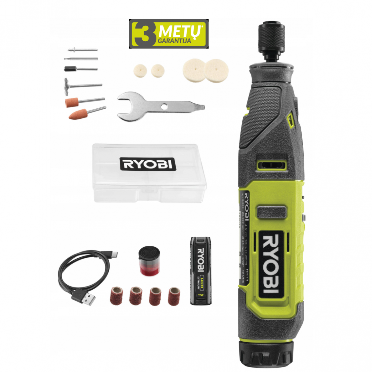 Akumuliatorinis tiesinis šlifuoklis Ryobi RRT4-120GA15, 4 V, 2,0 Ah + priedai Akumuliatorinis tiesinis šlifuoklis Ryobi RRT4-120GA15, 4 V, 2,0 Ah + priedai