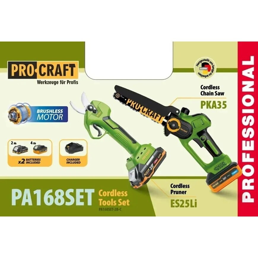 Akumuliatorinių įrankių rinkinys Procraft PA168SET, PKA35Li + ES25Li, 20 V, 2×4 Ah 1 Akumuliatorinių įrankių rinkinys Procraft PA168SET, PKA35Li + ES25Li, 20 V, 2×4 Ah 1