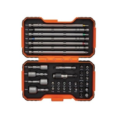 Antgalių rinkinys su 2 laikikliais 1/4" 35 vnt PH,PH2G,PZ,SL,Hex,TORX 25mm 22 vnt, 150mm 7 vnt Antgalių rinkinys su 2 laikikliais 1/4" 35 vnt PH,PH2G,PZ,SL,Hex,TORX 25mm 22 vnt, 150mm 7 vnt