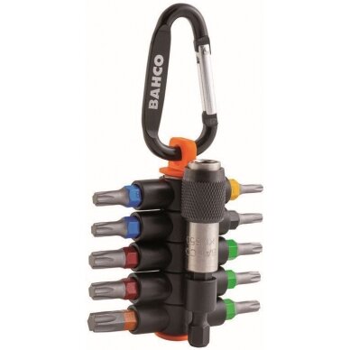 Antgalių rinkinys Bahco T10-T40 "sticky Torx" su magnetiniu laikikliu, 11vnt, su karabinu Antgalių rinkinys Bahco T10-T40 "sticky Torx" su magnetiniu laikikliu, 11vnt, su karabinu