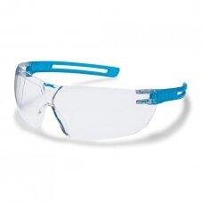 Apsauginiai akiniai Uvex X-Fit, skaidri panoraminė linzė, supravision excellence (nesibraižo, nerasoja) padengimas. Žydros skaidrios kojelės