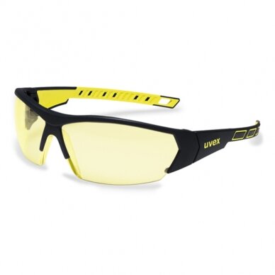 Apsauginiai akiniai Uvex i-Works geltona linze, supravision excellence (nesibraižantys ir nerasojantys) padengimas, juodos/geltonos kojelės. Supakuota mažmeninėje kartoninėje dėžutėje 1 vnt