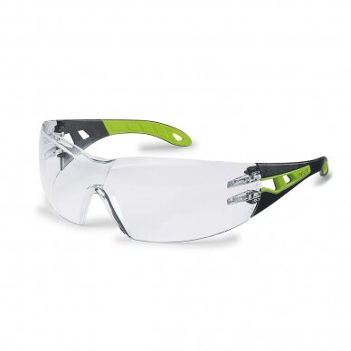 Apsauginiai akiniai  Uvex Pheos skaidria linze, supravision HC/AF padengimas, juodos/žalios kojelės. Supakuota mažmeninėje kartoninėje dėžutėje 1 vnt