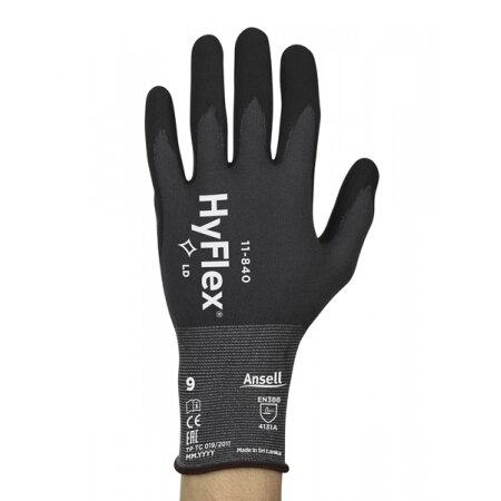 Apsauginės pirštinės Ansell HyFlex 11-840, 11 dydis, itin plonos, nailonas, spandex. Nitrilo putų delno padengimas. Mažmeninė pakuotė Apsauginės pirštinės Ansell HyFlex 11-840, 11 dydis, itin plonos, nailonas, spandex. Nitrilo putų delno padengimas. Mažmeninė pakuotė