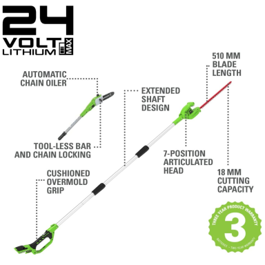 Greenworks G24PSHK2 AUKŠTAPJOVĖS IR GYVATVORIŲ GENĖTUVO KOMPLEKTAS (24V su 2Ah akumuliatoriumi ir krovikliu) Greenworks G24PSHK2 AUKŠTAPJOVĖS IR GYVATVORIŲ GENĖTUVO KOMPLEKTAS (24V su 2Ah akumuliatoriumi ir krovikliu)