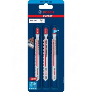 Bosch „EXPERT Plastic Composites Clean T 301 CHM“ siaurapjūklio pjūklelis, 3 vnt. Bosch „EXPERT Plastic Composites Clean T 301 CHM“ siaurapjūklio pjūklelis, 3 vnt.