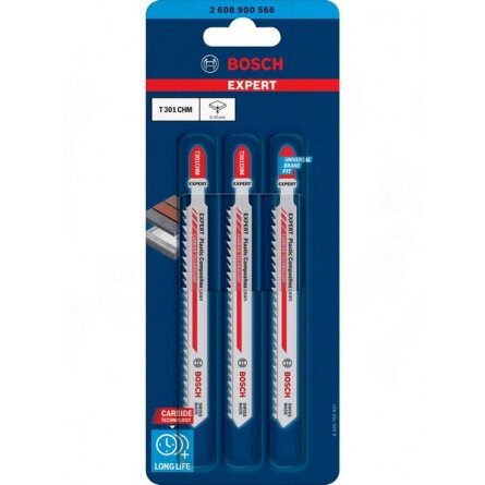Bosch „EXPERT Plastic Composites Clean T 301 CHM“ siaurapjūklio pjūklelis, 3 vnt. Bosch „EXPERT Plastic Composites Clean T 301 CHM“ siaurapjūklio pjūklelis, 3 vnt.