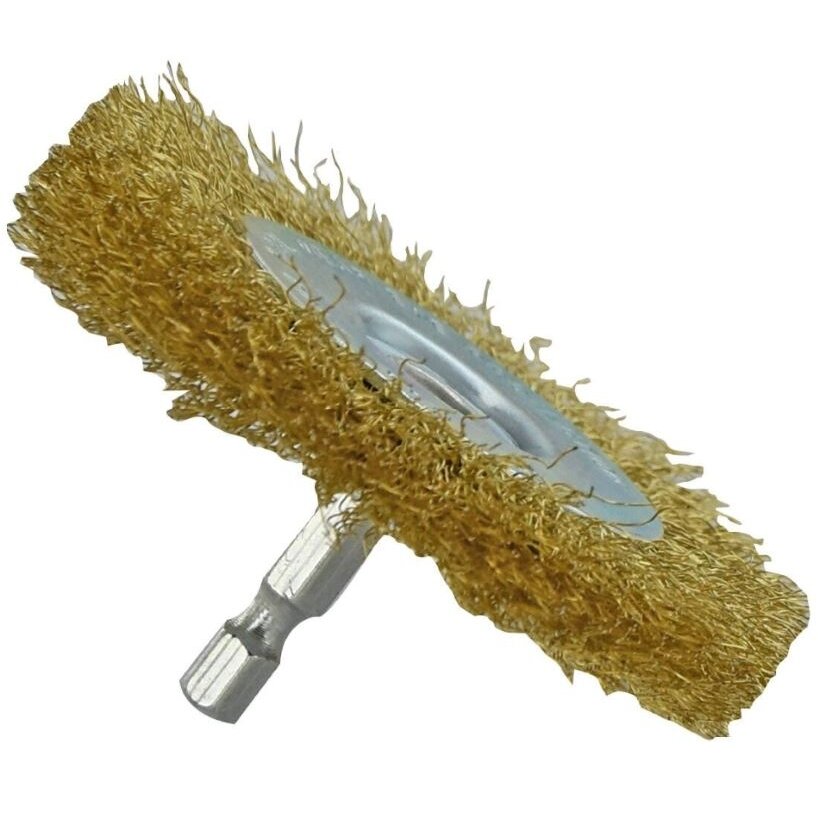 Brass steel wire brush for drill, Ø75mm, corrugated 0.20mm,1/4 HEX shank Brass steel wire brush for drill, Ø75mm, corrugated 0.20mm,1/4 HEX shank