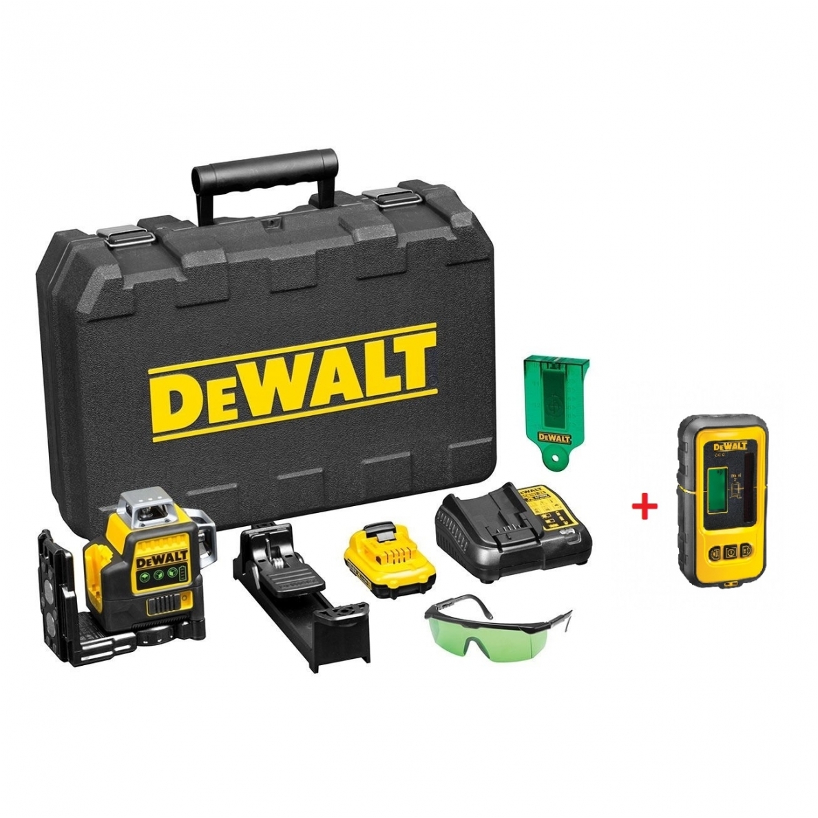 DeWALT DCE089D1G kryžminių linijų lazeris + DeWALT lazerio detektorius DeWALT DCE089D1G kryžminių linijų lazeris + DeWALT lazerio detektorius