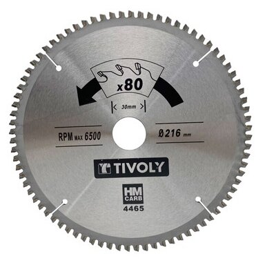 Diskinis pjūklas spalvotiems metalams Tivoly 216x30x2.5/1.7mm, z80, 3°, (20mm adapteris)