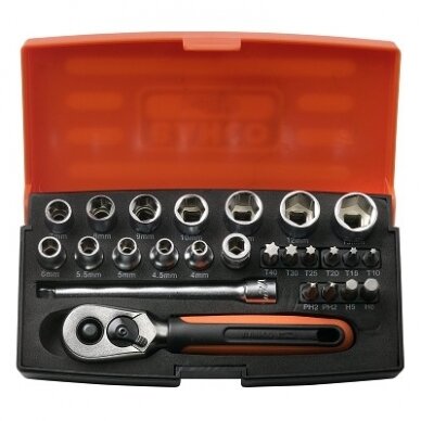 Galvučių, terkšlės ir priedų rinkinukas 4-13mm, antgaliai PH,HEX,TORX 1/4" 25vnt blisteryje. Bahco Galvučių, terkšlės ir priedų rinkinukas 4-13mm, antgaliai PH,HEX,TORX 1/4" 25vnt blisteryje. Bahco