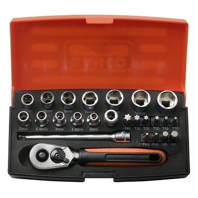 Galvučių, terkšlės ir priedų rinkinukas 4-13mm, antgaliai PH,HEX,TORX 1/4" 25vnt blisteryje. Bahco Galvučių, terkšlės ir priedų rinkinukas 4-13mm, antgaliai PH,HEX,TORX 1/4" 25vnt blisteryje. Bahco