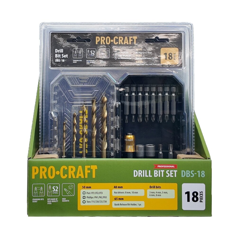 Grąžtų ir antgalių rinkinys „ProCraft DBS-18” 2 Grąžtų ir antgalių rinkinys „ProCraft DBS-18” 2