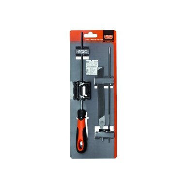 Grandinės galandimo rinkinys Bahco ERGO™, dvi apvalios dildės 4,0mm, viena plokščia, ERGO™ rankena ir šablonas Grandinės galandimo rinkinys Bahco ERGO™, dvi apvalios dildės 4,0mm, viena plokščia, ERGO™ rankena ir šablonas