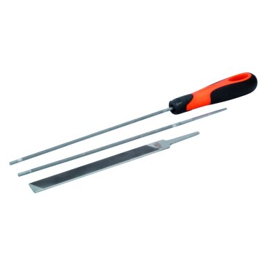 Grandinės galandinimo rinkinys:2 apvalios 4,8mm, plokščia ir Ergo rankena Grandinės galandinimo rinkinys:2 apvalios 4,8mm, plokščia ir Ergo rankena