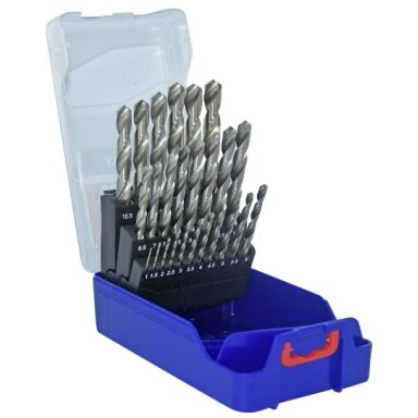 Grąžtų metalui rinkinys HSS tiesinti, centruojantys 1-13mm, 118°,25vnt./kpl. Žingsnis 0,5mm
