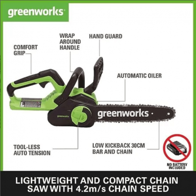 Greenworks G40CS30II GRANDININIS PJŪKLAS (40V Komplekte 2Ah akumuliatorius ir kroviklis. ) 1 Greenworks G40CS30II GRANDININIS PJŪKLAS (40V Komplekte 2Ah akumuliatorius ir kroviklis. ) 1