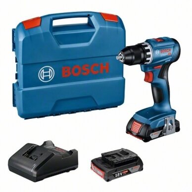 Bosch GSR 18V-45 akumuliatorinis suktuvas (18V 2x 2.0Ah, GAL 18V-20, L-Case) Bosch GSR 18V-45 akumuliatorinis suktuvas (18V 2x 2.0Ah, GAL 18V-20, L-Case)