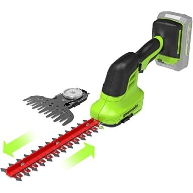 Greenworks G24SHTK2 GYVATVORIŲ ŽIRKLĖS SU DVEJAIS SKIRTINGO ILGIO PEILIAIS (24V su 2Ah akumuliatoriumi ir krovikliu)