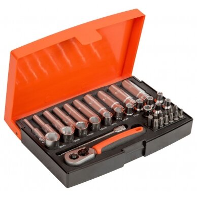 Ilgų ir trumpų galvučių komplektas 4-13mm + bits PH,PZ,HEX,TORX 37 vnt 1/4" Ilgų ir trumpų galvučių komplektas 4-13mm + bits PH,PZ,HEX,TORX 37 vnt 1/4"