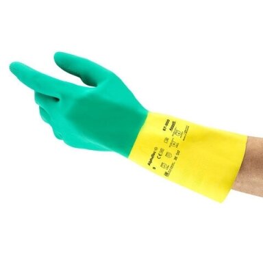 Latekso ir neopreno cheminės apsauginės pirštinės Ansell AlphaTec 87-900, ilgis 325mm, žalios/geltonos, dydis 8 Latekso ir neopreno cheminės apsauginės pirštinės Ansell AlphaTec 87-900, ilgis 325mm, žalios/geltonos, dydis 8