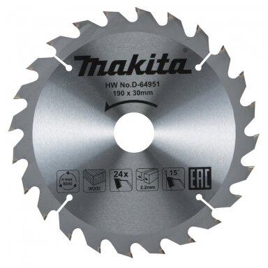 Makita Pjovimo diskas 190x30*2,2mm , 24 vdantys, 15° (D-64951) Makita Pjovimo diskas 190x30*2,2mm , 24 vdantys, 15° (D-64951)