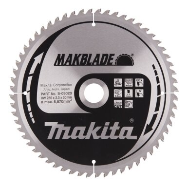 Makita Pjovimo diskas 260x30x2,3mm 60T B-09020 Makita Pjovimo diskas 260x30x2,3mm 60T B-09020