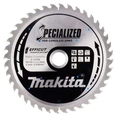 Makita T.C.T. pjūklas 165X1.5X20mm 15° T40 EFFICUT klijuotoms plokštėms E-12158 Makita T.C.T. pjūklas 165X1.5X20mm 15° T40 EFFICUT klijuotoms plokštėms E-12158