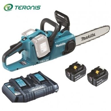 Makita DUC353PT2 akumuliatorinis grandininis pjūklas, dvigubas kroviklis 2x5,0Ah 36V=2x18V
