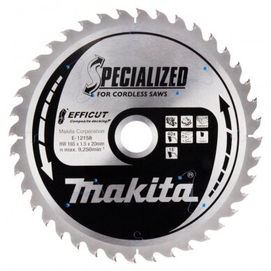 Makita T.C.T. pjūklas 165X1.5X20mm 15° T40 EFFICUT klijuotoms plokštėms E-12158 Makita T.C.T. pjūklas 165X1.5X20mm 15° T40 EFFICUT klijuotoms plokštėms E-12158