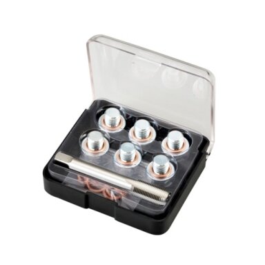 Oil drain plug restorer set. M13*1.5 hand tap, 6 plugs, 12 copper washers Oil drain plug restorer set. M13*1.5 hand tap, 6 plugs, 12 copper washers
