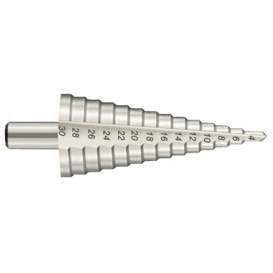 Pakopinis grąžtas HSS, tiesi įpjova, T LINE 4-20mm, žingsnis 2 mm Pakopinis grąžtas HSS, tiesi įpjova, T LINE 4-20mm, žingsnis 2 mm