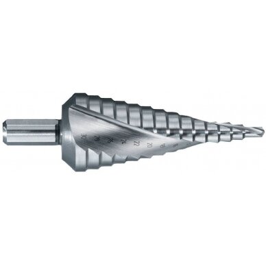 Pakopinis grąžtas Ø4-20 mm. spiralinis, nedengtas. žingsnis 2mm. Tivoly, blisteryje Pakopinis grąžtas Ø4-20 mm. spiralinis, nedengtas. žingsnis 2mm. Tivoly, blisteryje