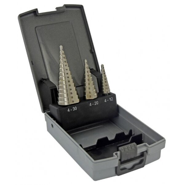 Pakopinių grąžtų rinkinys Tivoly HSS, 3vnt, 4-12mm / 4-20mm / 4-30mm