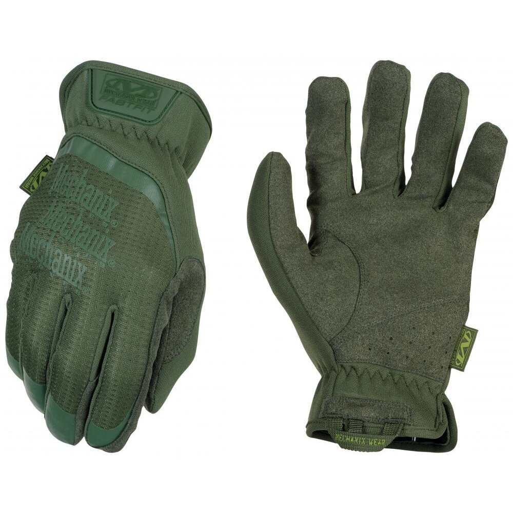 Pirštinės Mechanix FastFit® Olive Drab, žalios XL dydis. Rauktas rankogalis, dirbtinė oda, TrekDry®