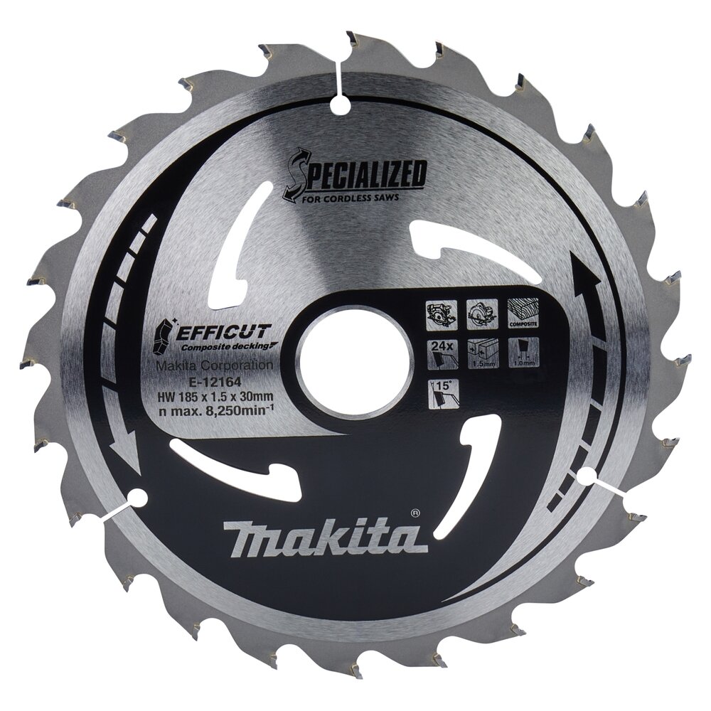 Pjovimo diskas klijuotoms plokštėms Makita E-12164, 185X1.5X30mm, 15°, T24 Pjovimo diskas klijuotoms plokštėms Makita E-12164, 185X1.5X30mm, 15°, T24