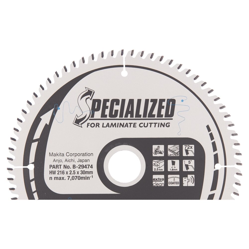 Pjovimo diskas Makita B-29474 SPECIALIZED, 216X2.5X30mm, 5°, T72 Pjovimo diskas Makita B-29474 SPECIALIZED, 216X2.5X30mm, 5°, T72