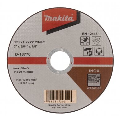 Pjovimo diskas 125 X 1,2 WA60T-BF, RST/ Metalui Makita D-18770 Pjovimo diskas 125 X 1,2 WA60T-BF, RST/ Metalui Makita D-18770