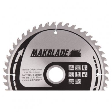 Pjovimo diskas 216x30x2,4mm 48T 5° LS0800DW Makita B-08969 Pjovimo diskas 216x30x2,4mm 48T 5° LS0800DW Makita B-08969