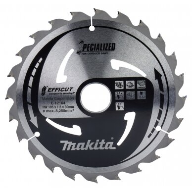 Pjovimo diskas klijuotoms plokštėms Makita E-12164, 185X1.5X30mm, 15°, T24 Pjovimo diskas klijuotoms plokštėms Makita E-12164, 185X1.5X30mm, 15°, T24
