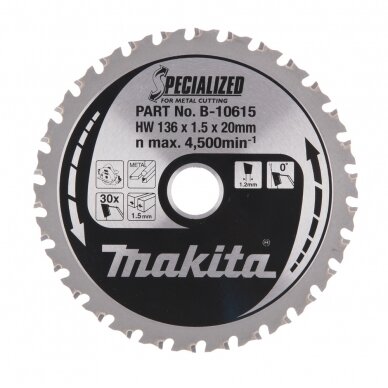 Pjovimo diskas Makita B-10615 SPECIALIZED, 136X1.5X20mm, 0°, T30 Pjovimo diskas Makita B-10615 SPECIALIZED, 136X1.5X20mm, 0°, T30